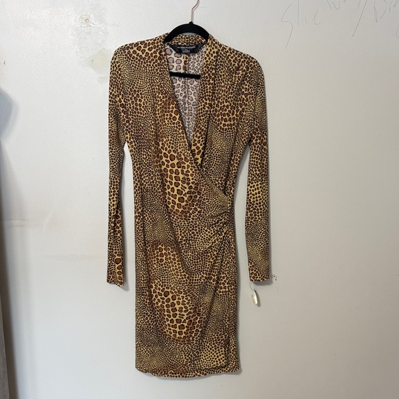 Norma Kamali Leopard Print Faux Wrap Dress Ruched Bodycon Long Sleeve M - Picture 2 of 5